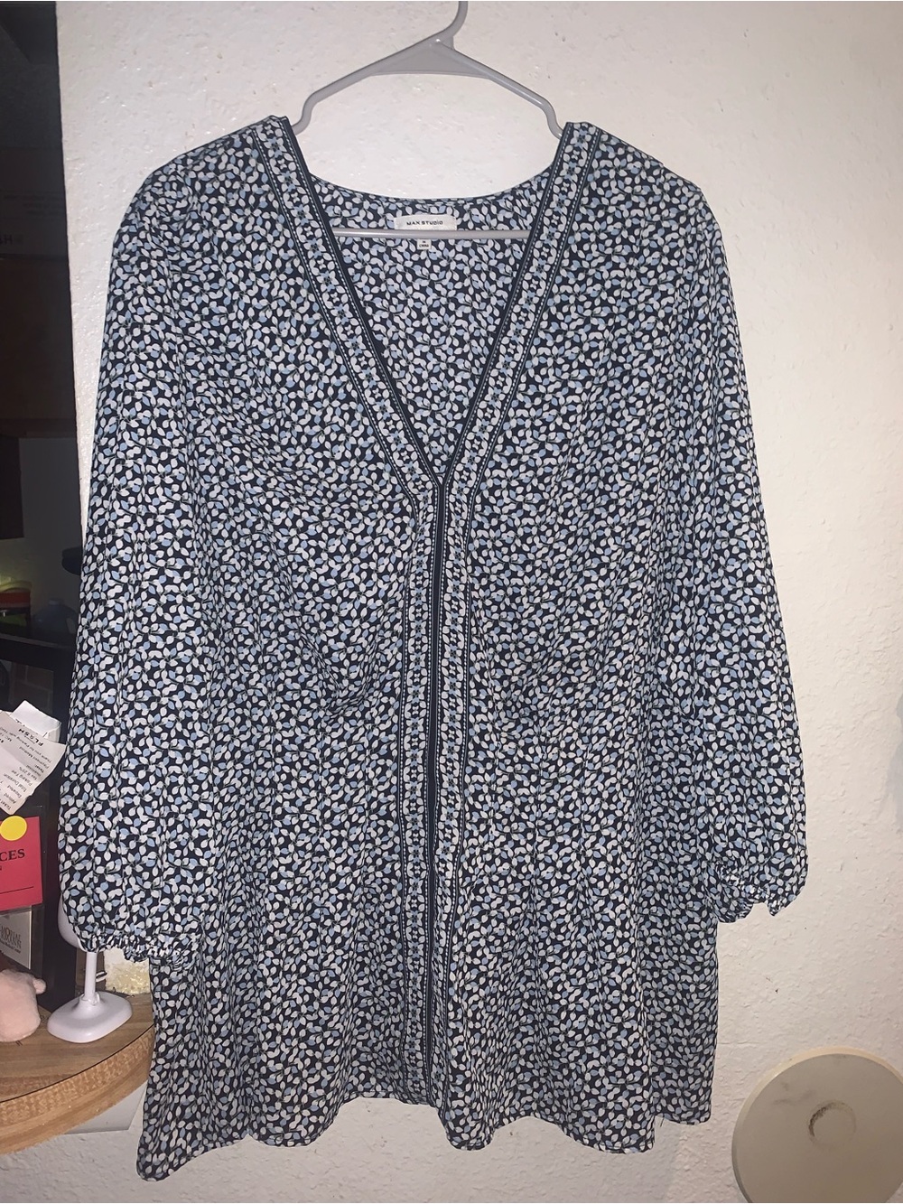 Max Studio Navy and White Printed V-Neck Blouse